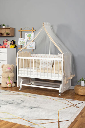 Ahşap Beşik Anne Yanı Beşik Beyaz 60x120 Krem Prens (ERKEK) Uyku Seti Yatak Tekerlekli