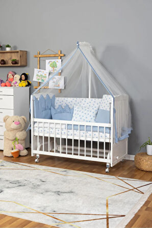 Ahşap Beşik Anne Yanı Beşik Beyaz 60x120 Mavi Prens (ERKEK) Uyku Seti Yatak Tekerlekli