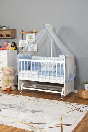Ahşap Beşik Anne Yanı Beşik Beyaz 60x120 Mavi Prens (ERKEK) Uyku Seti Yatak Tekerlekli