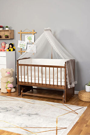 Ahşap Beşik Anne Yanı Beşik Ceviz 60x120 - Krem Güpür Uyku Seti Yatak