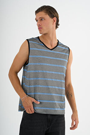 V Yaka Çizgili Kolsuz T-Shirt