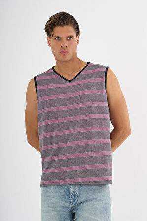 V Yaka Çizgili Kolsuz T-Shirt