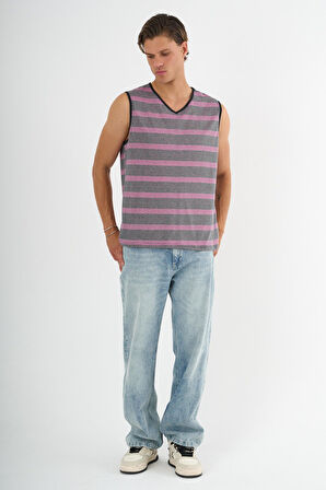 V Yaka Çizgili Kolsuz T-Shirt