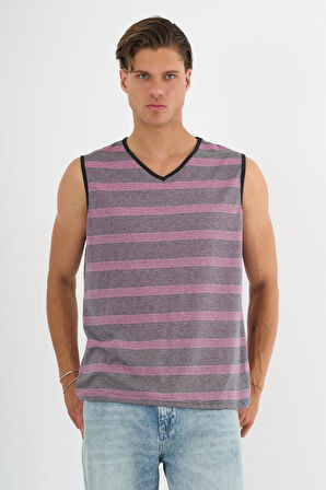 V Yaka Çizgili Kolsuz T-Shirt