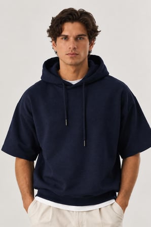 Cropped Kapüşonlu Kısa Kollu Sweatshirt