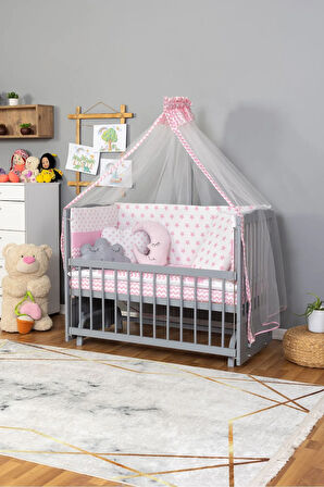 Ahşap Beşik Anne Yanı Beşik Gri 60x120 Pembe Yıldız Uyku Seti Yatak
