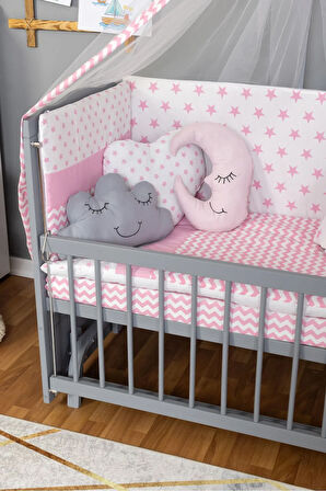 Ahşap Beşik Anne Yanı Beşik Gri 60x120 Pembe Yıldız Uyku Seti Yatak