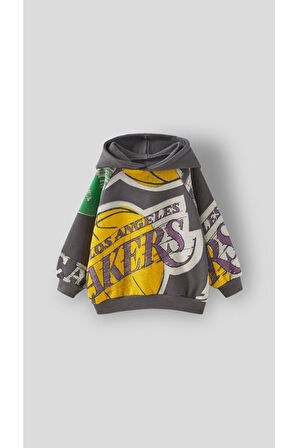 Miniğimin Cicileri Erkek Çocuk Siyah Basketbol Kapüşonlu Sweatshirt Eşofman - Füme