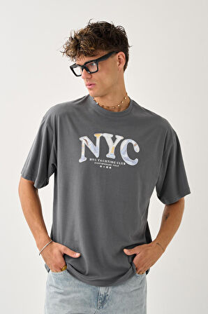 Geniş Kalıp Bisiklet Yaka Baskılı Unisex T-Shirt