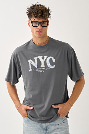 Geniş Kalıp Bisiklet Yaka Baskılı Unisex T-Shirt