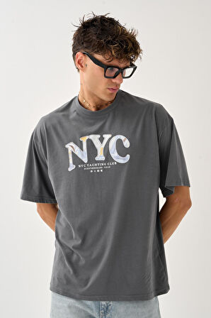 Geniş Kalıp Bisiklet Yaka Baskılı Unisex T-Shirt