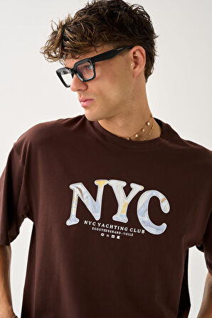 Geniş Kalıp Bisiklet Yaka Baskılı Unisex T-Shirt