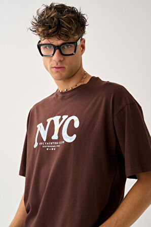 Geniş Kalıp Bisiklet Yaka Baskılı Unisex T-Shirt