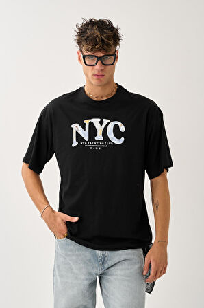 Geniş Kalıp Bisiklet Yaka Baskılı Unisex T-Shirt