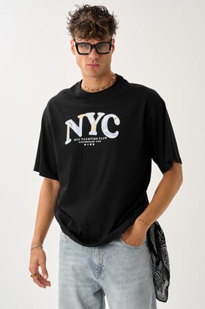 Geniş Kalıp Bisiklet Yaka Baskılı Unisex T-Shirt