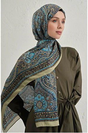 Yağ Yeşili Pure Etnik Desen Şal-3  07