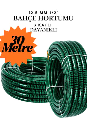 30 Metre Dayanıklı 3 Katlı Bahçe Hortumu 1/2" 12.5 mm Sağlam Klasik Sulama Hortumu ve Yıkama Hortumu