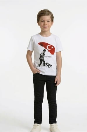Erkek Çocuk KOCATEPE ATATÜRK Baskılı T-Shirt - Siyah Keten Pantolon Takım 23Nisan 29Ekim Özel Günler