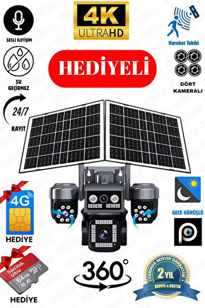 4G Solar 4 Lens Güvenlik Kamerası 12MP – Renkli Gece Görüş, IP66, Hediyeli SD Kart ve SIM Kart
