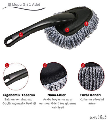 Makarna El Mopu Mini Mikrofiber Toz Alma ve Islak-Kuru Temizleme Fırçası 1 Adet Gri