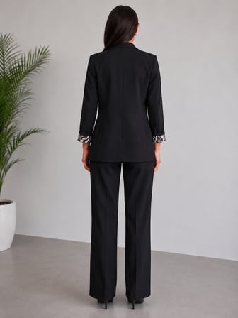 Siyah Desenli Kol Detaylı Şal Yaka Blazer Ceket Pantolon Kadın İkili Takım