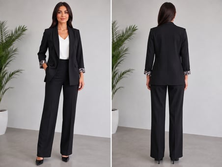 Siyah Desenli Kol Detaylı Şal Yaka Blazer Ceket Pantolon Kadın İkili Takım