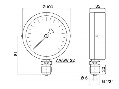 Pakkens 0-600 Bar 100 mm Alttan Bağlantılı Kuru Manometre G 1/2 inç