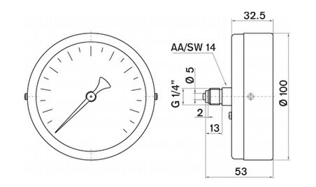 Pakkens 0-100 Bar 100 mm Arkadan Bağlantılı Kuru Manometre G 1/4 inç