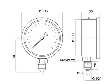 Pakkens 0-160 Bar 100 mm Alttan Bağlantılı Gliserinli Manometre G 1/2 inç