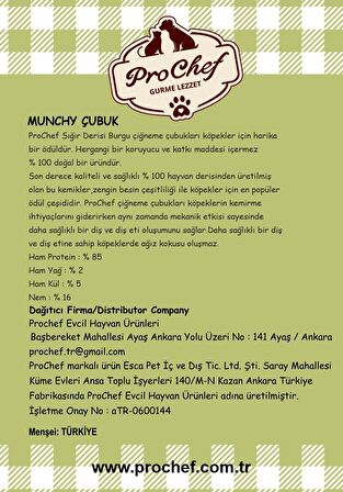 Prochef 100 Adet Munchy Çubuk 500 gr Köpek Kemiği & Ödül Maması ( Doğal Sığır Derisi )