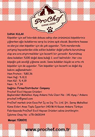 Prochef 100 Gr Dana Kulak Doğal Katkısız Köpek Kemiği & Ödül Maması