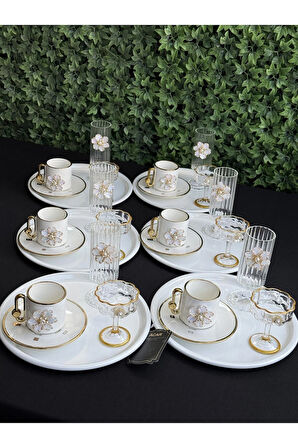 6 Kişilik 36 parça Lüks Porselen Çiçekli Kahve Sunum Seti