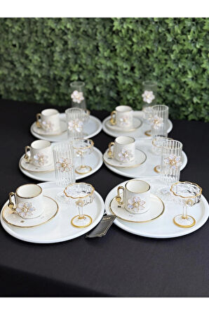 6 Kişilik 36 parça Lüks Porselen Çiçekli Kahve Sunum Seti