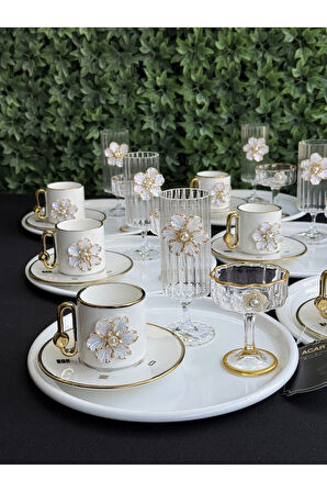 6 Kişilik 36 parça Lüks Porselen Çiçekli Kahve Sunum Seti