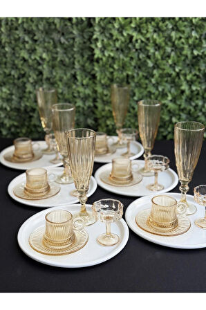 6 Kişilik 30 parça Lüks Bal Rengi Cam Kahve Sunum Seti