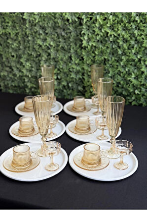 6 Kişilik 30 parça Lüks Bal Rengi Cam Kahve Sunum Seti
