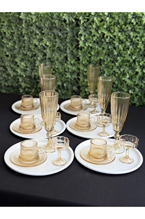 6 Kişilik 30 parça Lüks Bal Rengi Cam Kahve Sunum Seti