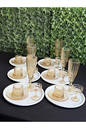 6 Kişilik 30 parça Lüks Bal Rengi Cam Kahve Sunum Seti