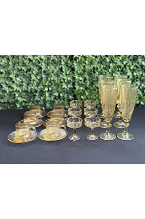 6 Kişilik 24 parça Lüks Bal Rengi Cam Kahve Sunum Seti