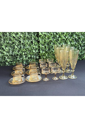 6 Kişilik 24 parça Lüks Bal Rengi Cam Kahve Sunum Seti