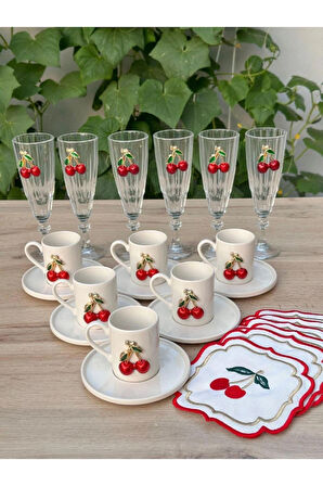 Kirazlı Lüks Porselen 24 parça 6 Kişilik Kahve Sunum Seti