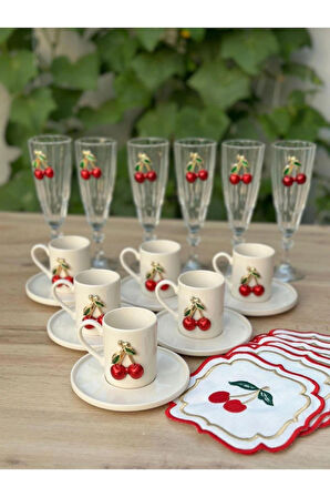 Kirazlı Lüks Porselen 24 parça 6 Kişilik Kahve Sunum Seti