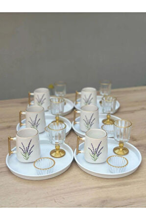 6 Kişilik Lavanta Lüks Sunumlu Tepsili Full Kupa Seti