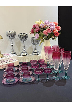 6 Kişilik 24 parça Mor Yeşil Lüks Cam Set