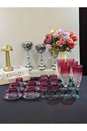 6 Kişilik 24 parça Mor Yeşil Lüks Cam Set