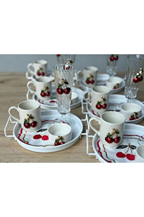 6 Kişilik 30 parça Kirazlı Sunum Tepsili Lüks Kahve Sunum Seti