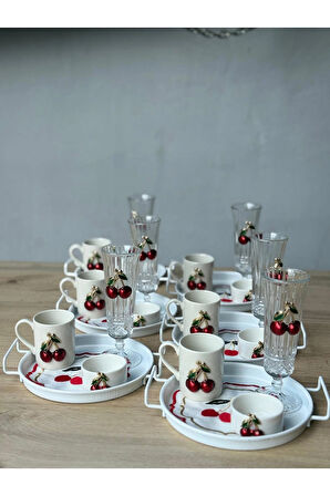 6 Kişilik 30 parça Kirazlı Sunum Tepsili Lüks Kahve Sunum Seti