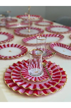 Pembe Kelebekli 34 parça 6 Kişilik Kahvaltı ve Çay Seti