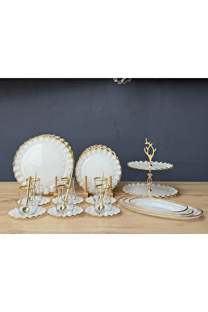 34 parça Lüks Dantel Desenli Kahvaltı ve Çay Takımı Seti:i