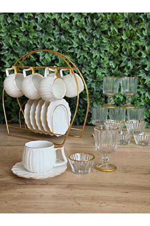 Gold Askılı 6 Kişilik Papatya Lüks 25 parça Kahve Sunum Seti